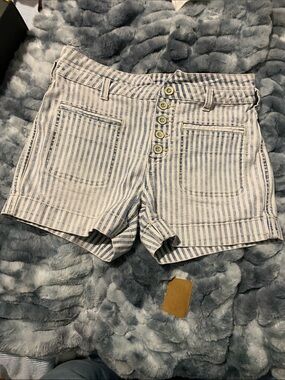 Pilcro and the Letterpress Blue and White Striped Button-Front Jean Shorts